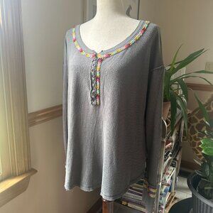 We The Free by Free People, Gray Henley with Multi Trim, Raw Edge Detail, L